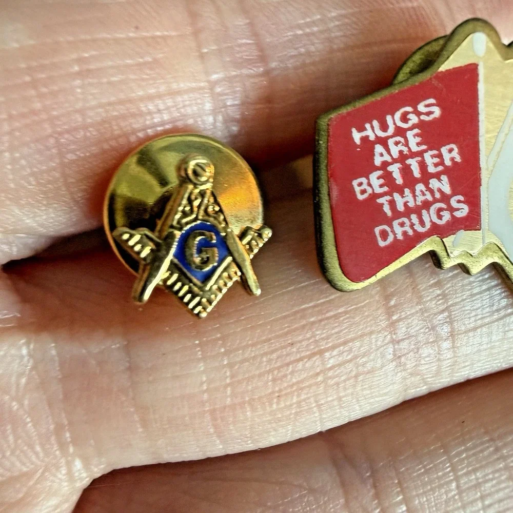 Vintage Freemason Masonic Lapel Pin Lot 2 Hugs Better Than Drugs Enamel